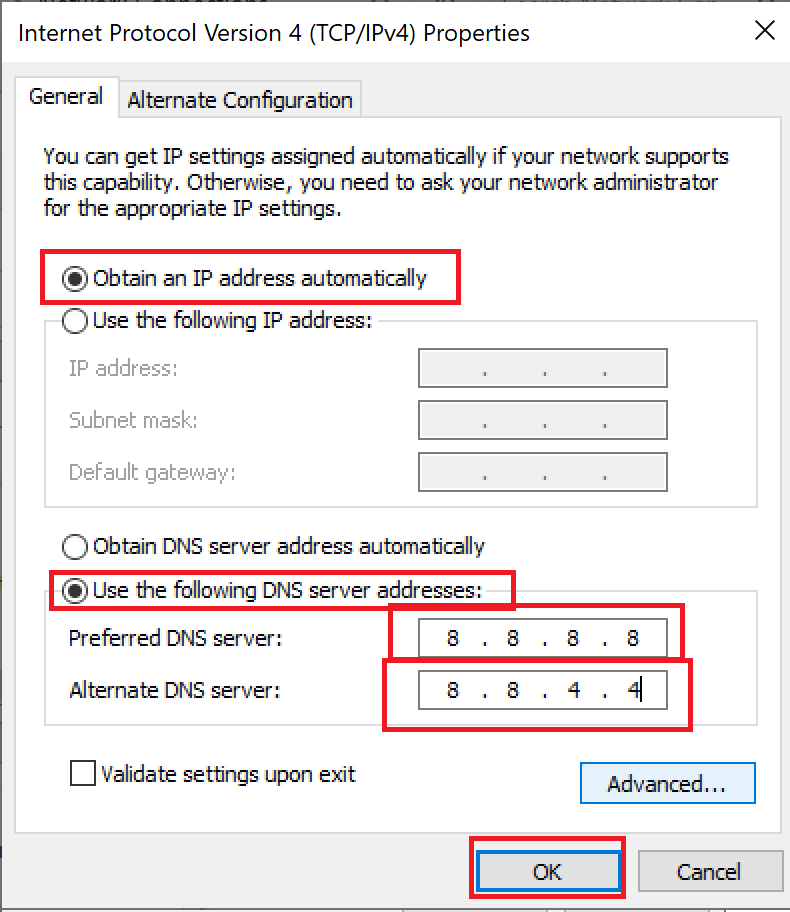 en el servidor DNS alternativo, ingrese el otro número de DNS público de Google: 8.8.4.4 |  Arreglar Fallout 76 desconectado del servidor