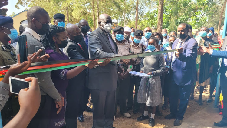 Education CS George Magoha at St. Mary’s Mukunike secondary school in Kangundo, Machakos County where he commissioned a CBC classroom constructed by the Ministry of Education on Wednesday February 9, 2022.