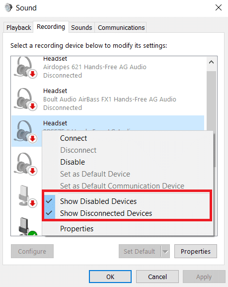 Elija las opciones Mostrar dispositivos deshabilitados y Mostrar dispositivos desconectados en el menú contextual.  Cómo arreglar Skype Stereo Mix no funciona en Windows 10