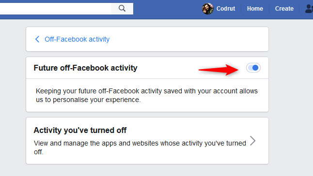 Отключение переключателя активности Future off-Facebook