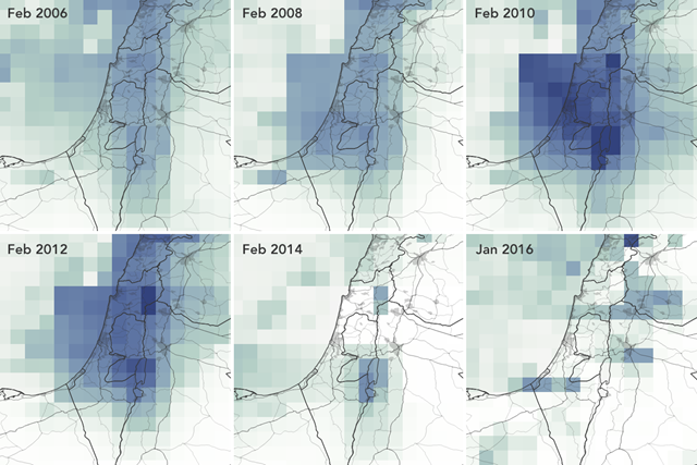 Precipitation in the Middle East, 2006-2016, which has remained fairly constant. The precipitation data came from the Tropical Rainfall Measuring Mission (TRMM) and the Global Precipitation Measurement (GPM) mission and were validated with NOAA’s Global Surface Summary of the Day. Graphic: Joshua Stevens / NASA Earth Observatory