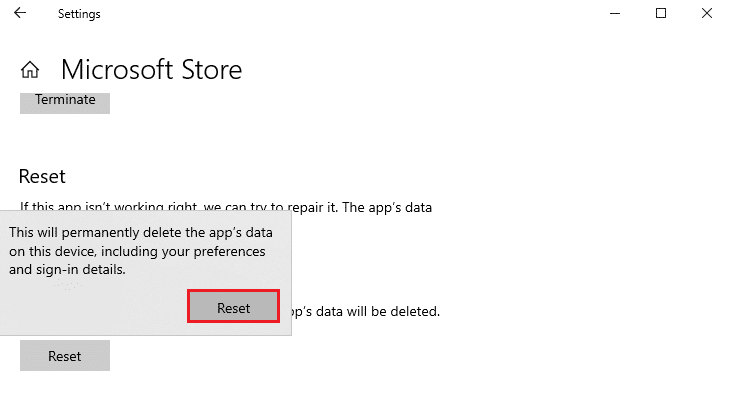 Bevestig nu de prompt door op Reset te klikken en uw computer opnieuw op te starten.  Fix Microsoft Store werkt niet Windows 10