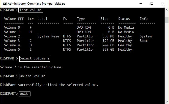 commande diskpart pour créer un disque en ligne