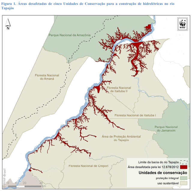 Endangered areas of five Conservation Units for the construction of hydroelectric dams on the river Tapajós in Brazil. Graphic: Imazon