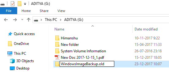 WindowsImageBackupの名前をWindowsImageBackup.oldに変更し、Enterキーを押します