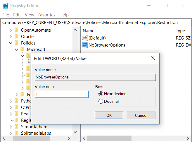 Дважды щелкните NoBrowserOptions и измените его значение с 0 на 1.