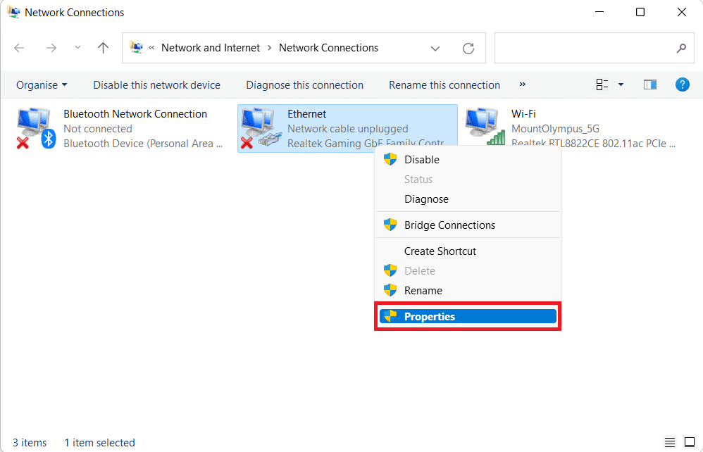 fare clic con il pulsante destro del mouse sulle connessioni di rete ethernet e selezionare l'opzione delle proprietà