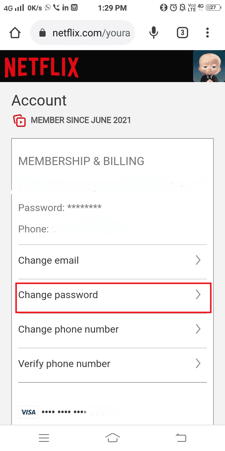 La cuenta de Netflix se abrirá en un navegador.  Ahora, toque Cambiar contraseña como se muestra