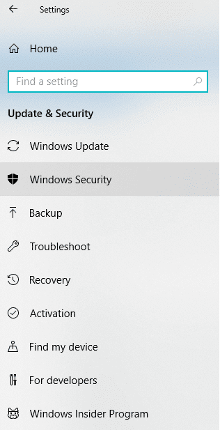 Haga clic en Seguridad de Windows en el panel de la ventana izquierda