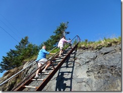 Going up the scary staircase with Tricia