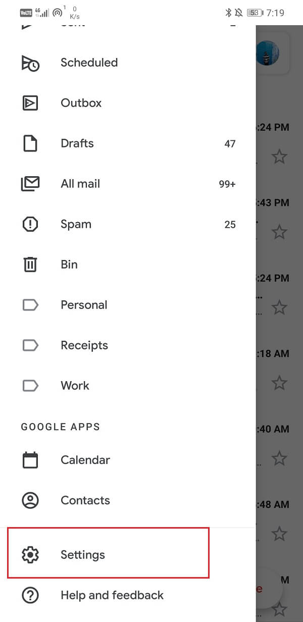 คลิกที่การตั้งค่าของ Gmail |  แก้ไข Gmail ไม่ได้รับอีเมลบน Android