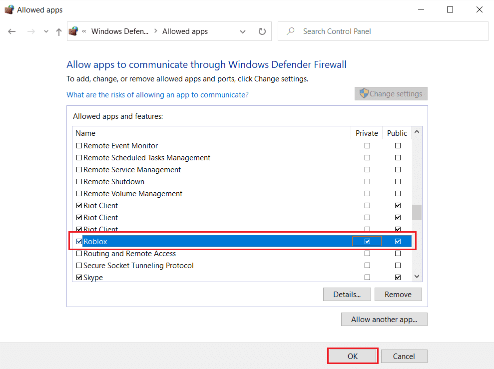 Zaškrtnutím možnosti Private and Publick pro Roblox povolíte Roblox přes bránu Windows Defender Firewall