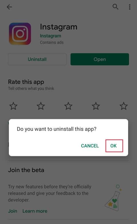 Una volta trovato, premi 'Disinstalla' e conferma cliccando su Ok |  Correggi le notifiche di Instagram che non funzionano