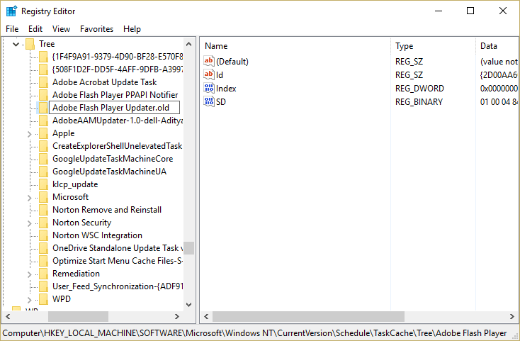 V části Klíč registru Strom přejmenujte každý klíč na .old