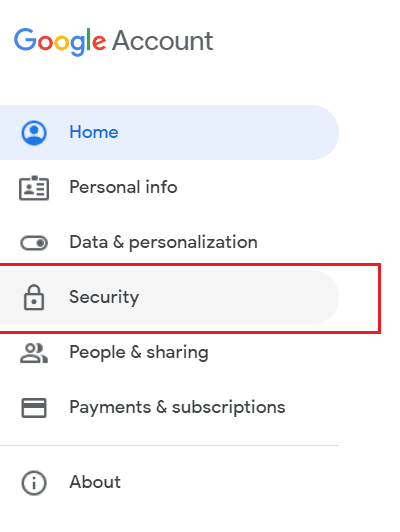Выберите параметр «Безопасность» на странице учетной записи Google.