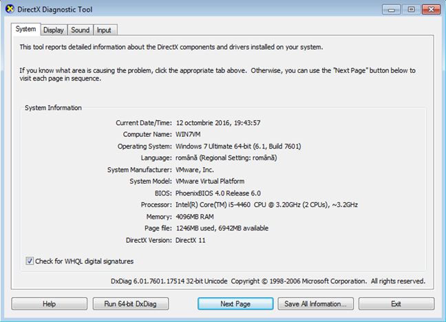 Outil de diagnostic DirectX, dxdiag, Windows