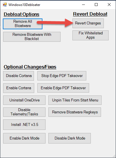 Revertir cambios en Windows 10 Debloater