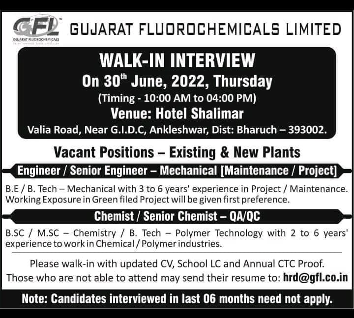 Job Available's for Gujarat Fluorochemicals Ltd Walk-In Interview for BE/ B Tech/ Mechanical/ BSc/ MSc Chemistry