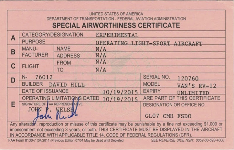 N76012 Airworthiness Certificate