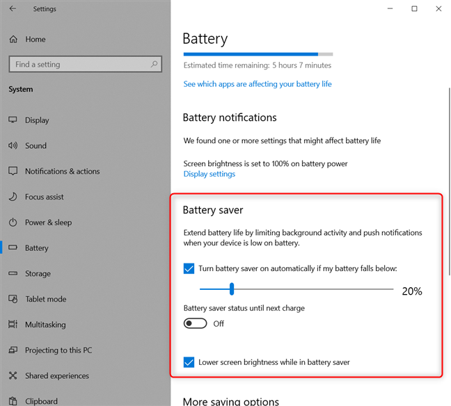 Configuration de l'économiseur de batterie de Windows 10