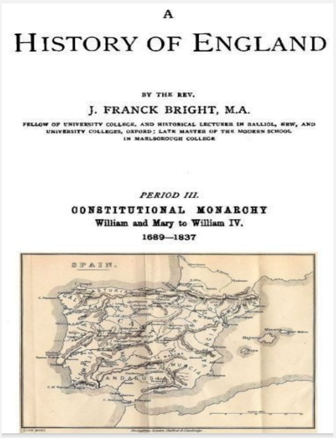 A HISTORY OF ENGLAND BY REV. J FRANK BRIGHT