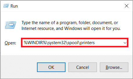 Escriba %WINDIR%system32spoolprinters en el cuadro de comando y presione OK