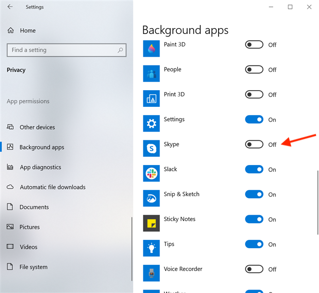 Выключите переключатель рядом с Skype