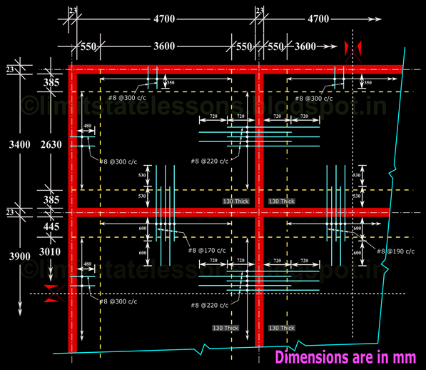 Top bars of the reinforcement details of a two way slab system with corners held down