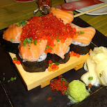 incredible salmon sushi with giant fish eggs in Tokyo, Tokyo, Japan
