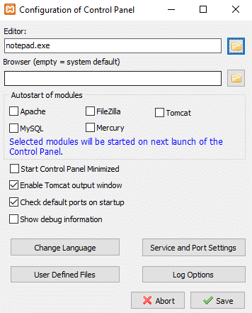 При нажатии на кнопку Config появится диалоговое окно |  Установите и настройте XAMPP в Windows 10