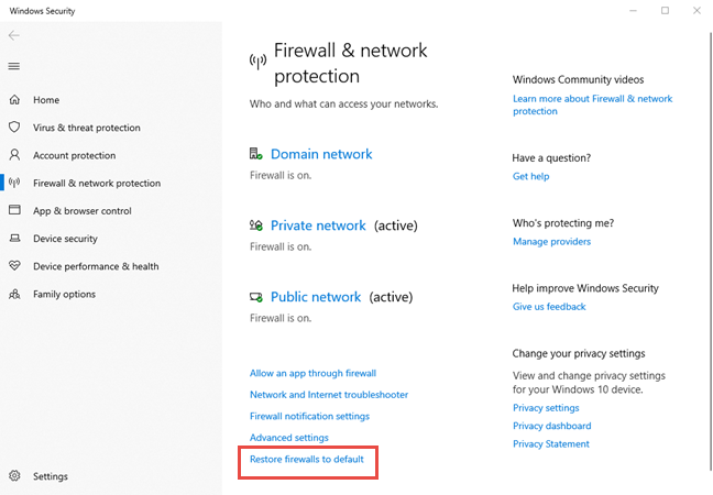 Enlace para restaurar los firewalls a los valores predeterminados en Windows 10