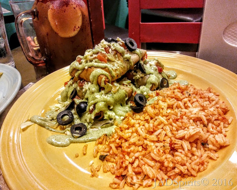 •Chimichanga Plate for Jonjie – three deep-fried wraps of meat, cheese and refried pinto beans topped with pico de gallo, cheese, olives, and creamy sauce served with a side of Mexican rice and shrimp. Shredded beef or chicken is also available.