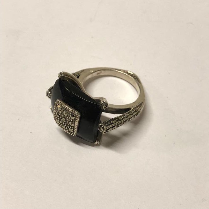 Sterling Silver, Onyx, and Marcasite Ring