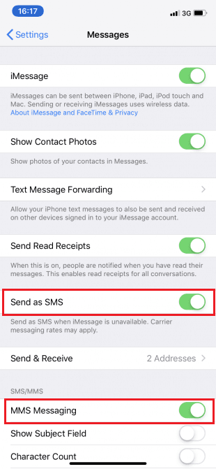 Toque el control deslizante "Enviar como SMS" y "Mensajería MMS" para que se vuelva de color verde