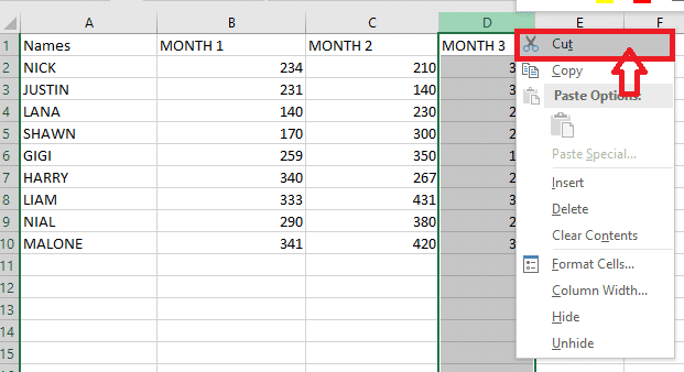 knip de geselecteerde kolom door met de rechtermuisknop op de kolom te klikken en de optie knippen te kiezen.