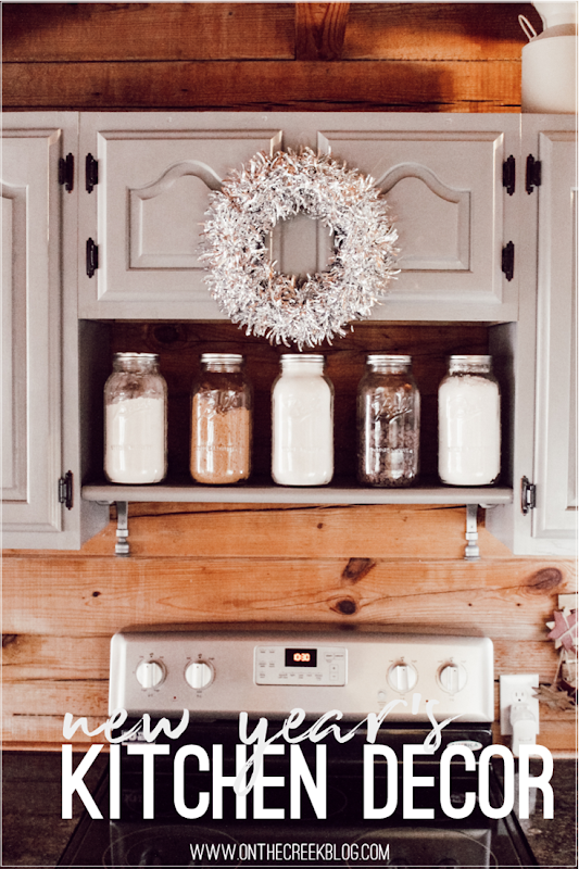 Silver & sparkly wreaths from Dollar Tree used as New Year's kitchen decor!