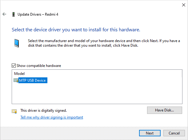 次のリストから[MTPUSBデバイス]を選択し、[次へ]、[次へ]の順にタップします。 Windows10で認識されないAndroid携帯を修正