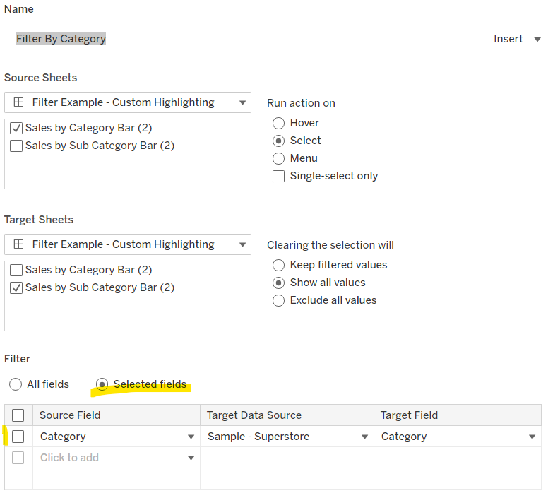 edit the existing Filter by Category dashboard action to pass selected fields only.