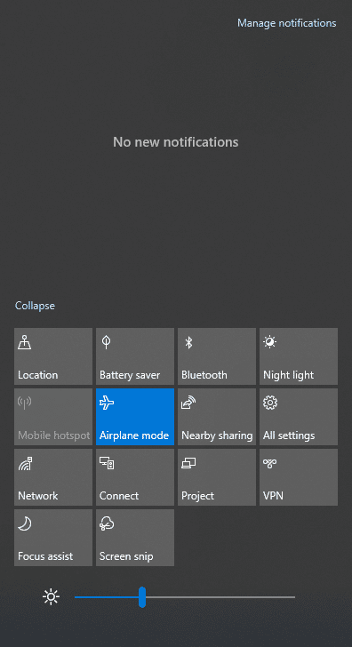 Appuyez simultanément sur les touches Windows A et maintenez-les enfoncées pour ouvrir le Centre d'action.  Vérifiez si le mode Avion est activé