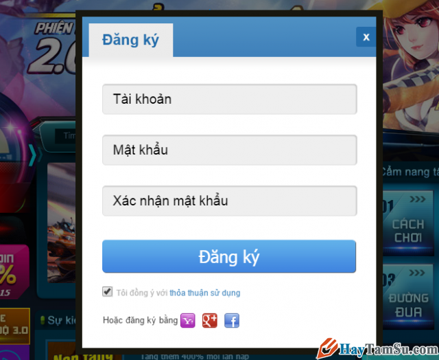 Ô đăng ký tài khoản game 2s Zing Speed hiện ra