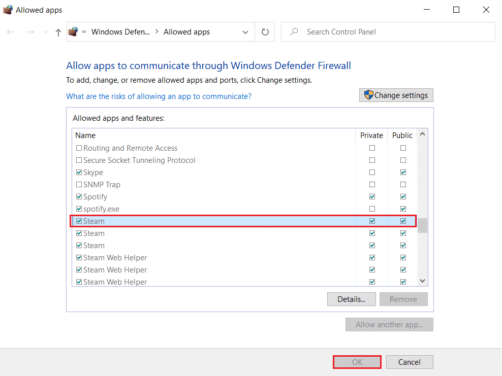 controleer zowel de openbare als de privé-optie voor Steam in het menu Windows Defender Firewall Toegestane apps