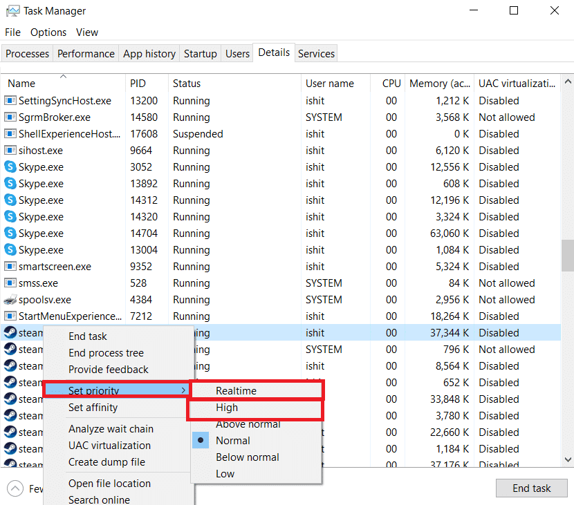 คลิกขวาที่ Set Priority และเลือก Realtime หรือ High  แก้ไข Steam ช้า