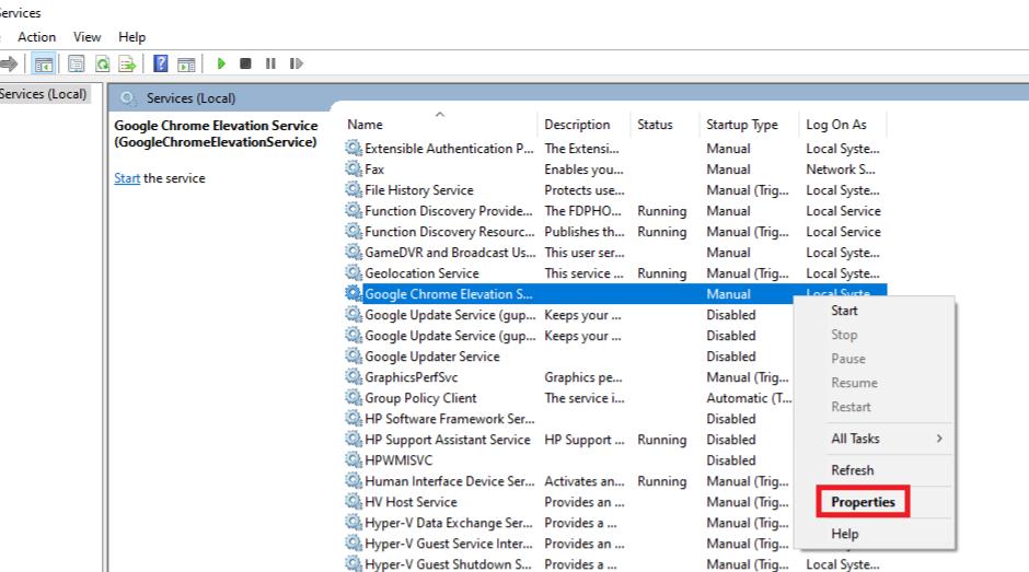 haga clic derecho en el servicio de elevación de Google Chrome y seleccione propiedades para deshabilitarlo y acelerar su PC