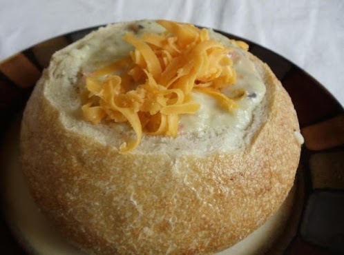 New England Clam Chowder Soup in a Bread Bowl