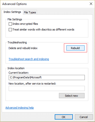 Klik op Opnieuw opbouwen onder Problemen oplossen om de indexdatabase te verwijderen en opnieuw op te bouwen