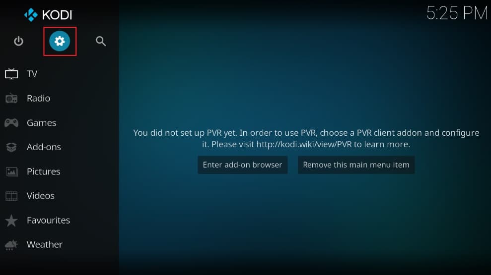 Haga clic en el ícono de ajustes para abrir Configuración.  Cómo arreglar Kodi sigue fallando al iniciar