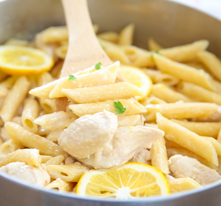 close up of One Pot Creamy Lemon Chicken Pasta