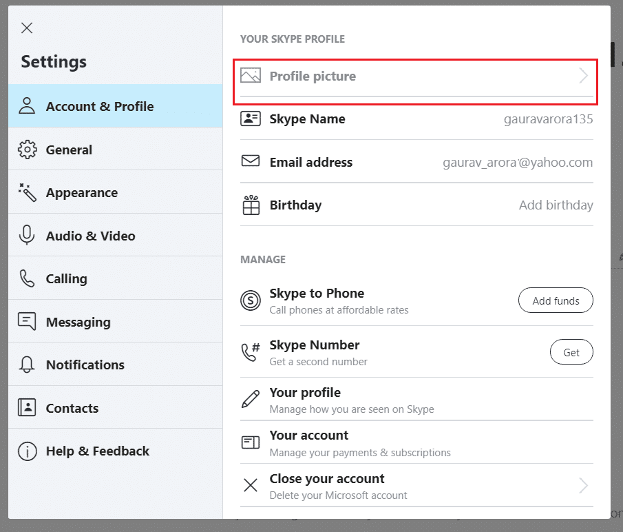 Ahora, en Configuración, seleccione Cuenta y perfil y luego haga clic en Imagen de perfil