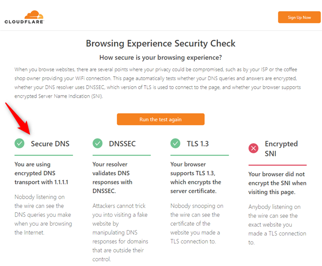 Il messaggio che ricevi da Cloudflare quando utilizzi DNS su HTTPS