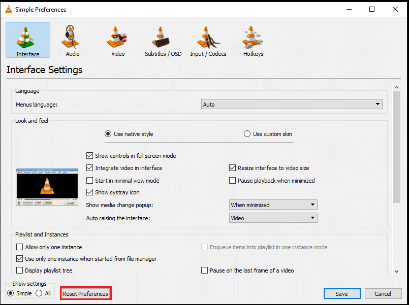 Haga clic en el botón Restablecer preferencias.  Cómo arreglar los subtítulos de VLC que no funcionan en Windows 10